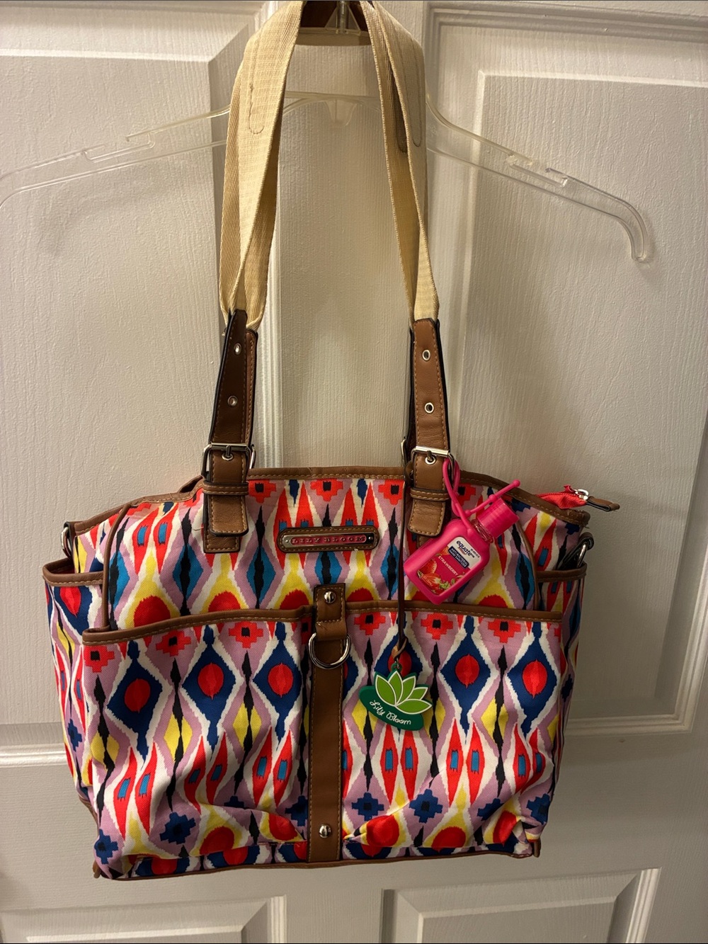 Lily Bloom Maya vibrant Colorful Geometric Tote Bag with Pink Accent-ikat meow